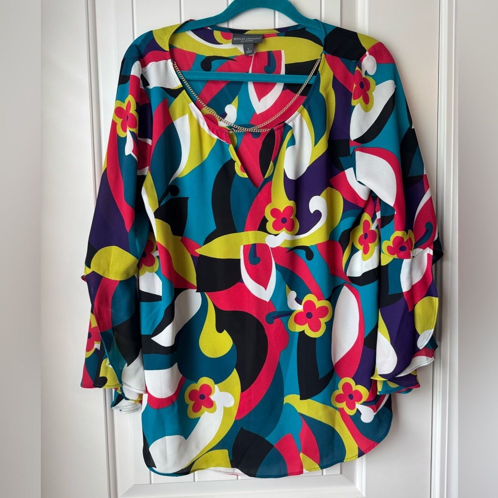 Unique Retro Bell Sleeve Top with Chain Detail Neckline - NWOT!